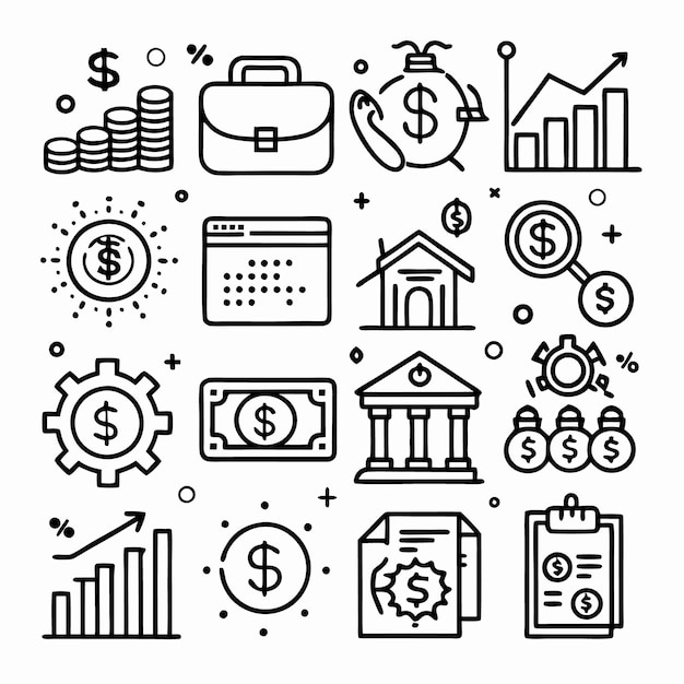 Conjunto de íconos de líneas financieras, monetarias y bancarias
