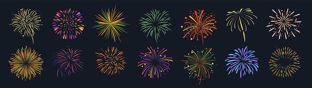 Conjunto de iconos de líneas de fuegos artificiales Fuegos artificiales aislados sobre un fondo negro