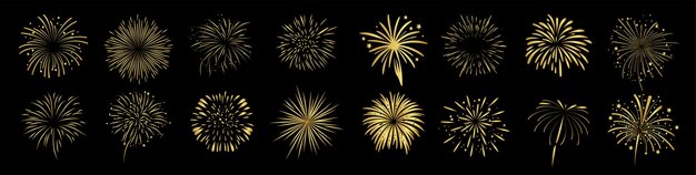 Conjunto de iconos de líneas de fuegos artificiales Fuegos artificiales aislados sobre un fondo negro