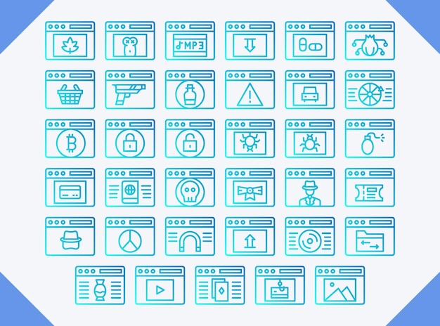 conjunto de iconos de líneas de gradiente vectorial de la web oscura