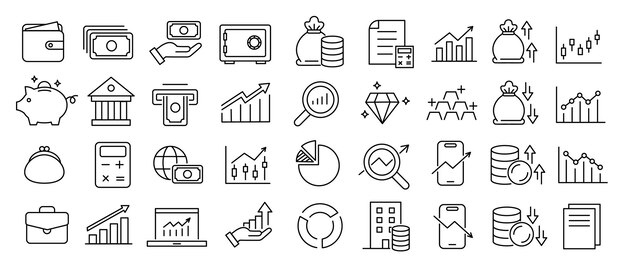 Conjunto de iconos de líneas de inversión Iconos planos simples para aplicaciones financieras Colección vectorial para negocios