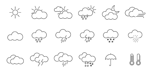 Conjunto de iconos de líneas meteorológicas Iconos meteorológicos Pronóstico del tiempo