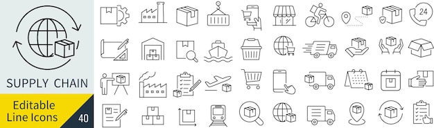 Conjunto de iconos de líneas monocromáticas vectoriales para la cadena de suministro