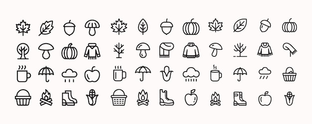 Conjunto de iconos de líneas de otoño Hojas de otoño Cosecha Ilustración vectorial de líneas delgadas estacionales