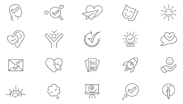 Conjunto de iconos de líneas de pensamiento positivo que contienen optimismo de cuidado personal para ser amado conjunto de iconas de líneas saludables