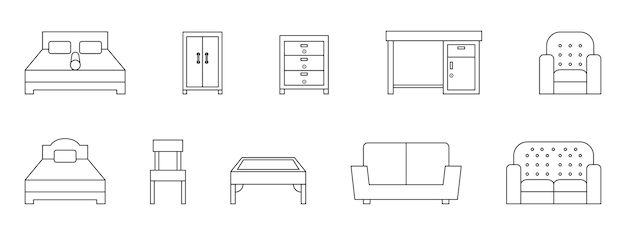 Conjunto de iconos de líneas planas de muebles Significados de esquema del interior de la casa Ilustraciones editables de vectores estroboscópicos