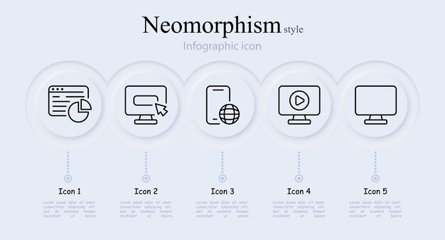 Conjunto de iconos de líneas publicitarias Integración del monitor de la audiencia objetivo Lupa colocación de productos video alojamiento de planeta Estilo de Neomorfismo Icono de línea vectorial para negocios