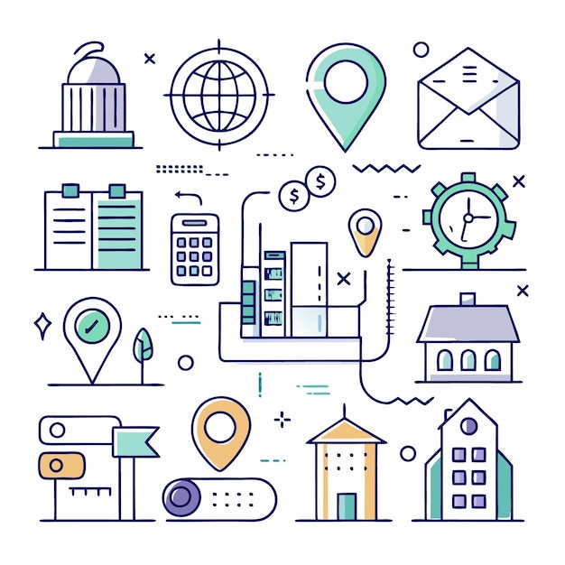 Conjunto de iconos de líneas que representan las finanzas y la gestión del tiempo de las empresas de la ciudad