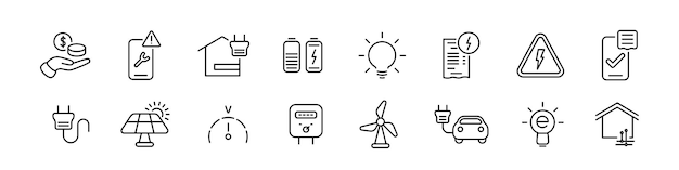 Vector conjunto de iconos de líneas de servicios públicos de electricidad ilustración de trazo editable