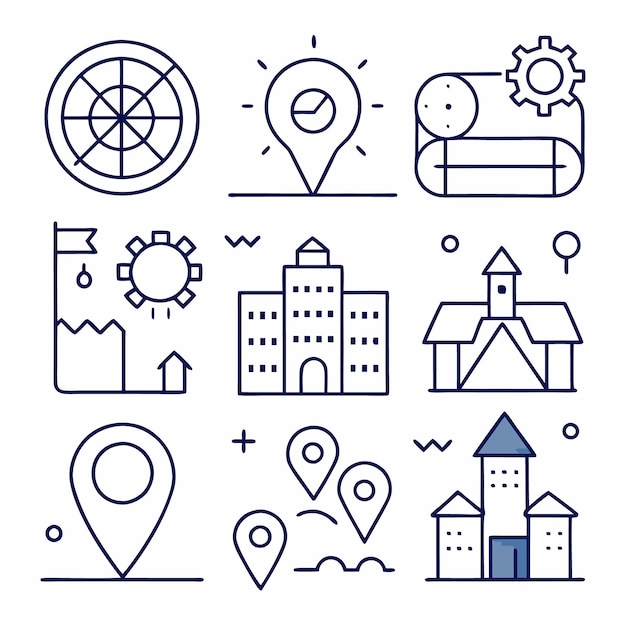 Conjunto de iconos de líneas simples que representan la estrategia de negocios, bienes raíces y ubicación