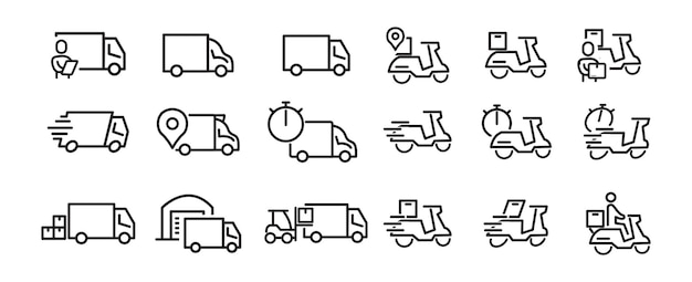 Conjunto de íconos de líneas vectoriales relacionadas con la entrega de paquetes simples Contiene íconos como la carga de camiones