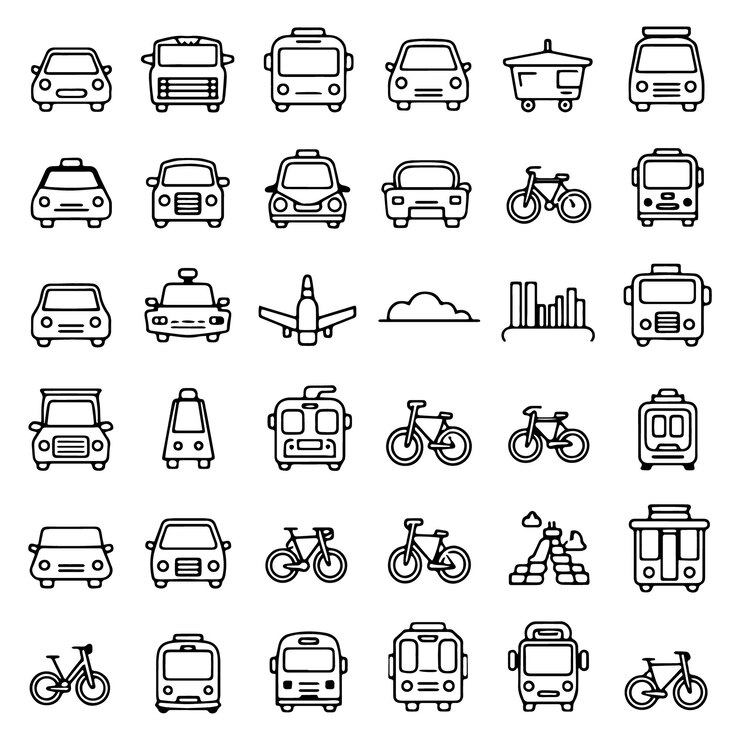 Conjunto de iconos de líneas vectoriales de transporte público que incluyen el tranvía del tren de taxi y más trazos editables