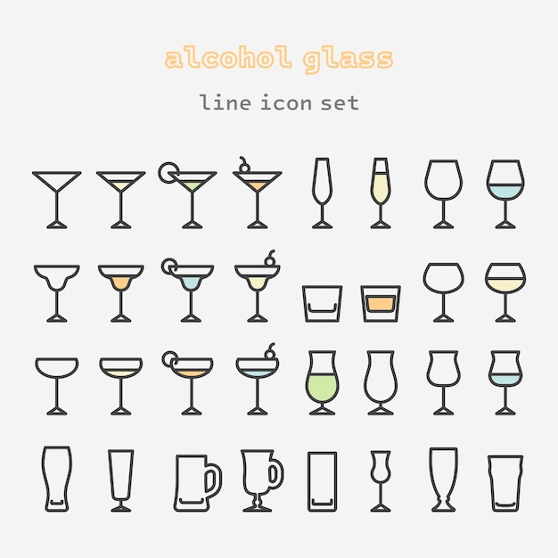 conjunto de iconos de líneas vectoriales de vidrio de alcohol