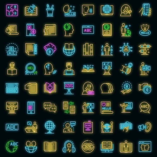 Conjunto de iconos de lingüista. esquema conjunto de iconos de vector de lingüista color neón en negro