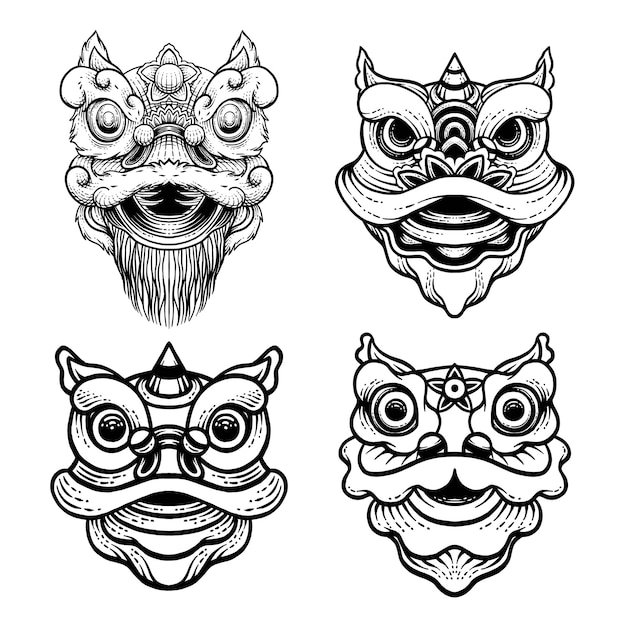 Conjunto de iconos Lion Dance vector dibujado en estilo de grabado