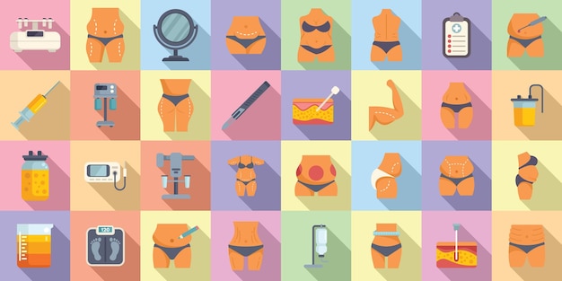 Conjunto de iconos de liposucción vector plano Cintura mujeres
