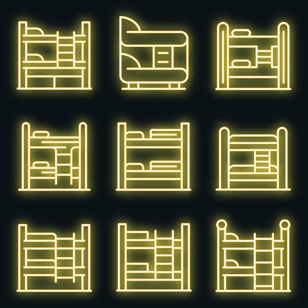 Conjunto de iconos de literas. Esquema conjunto de iconos de vector de litera color neón en negro