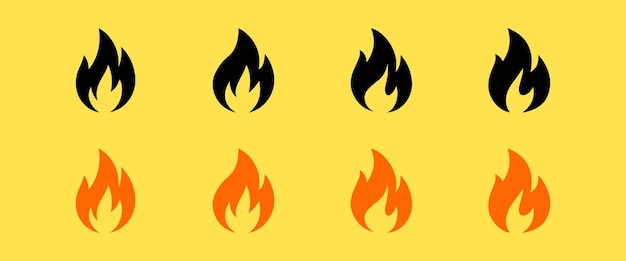 Conjunto de iconos de llama de fuego minimalista con colores negro y naranja