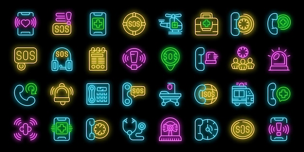 Conjunto de iconos de llamada de emergencia neón vectorial