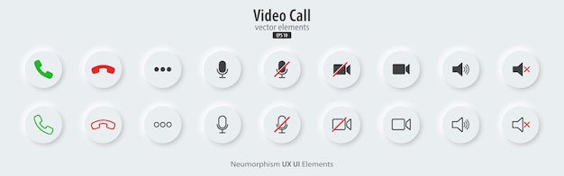 Conjunto de iconos de llamadas de video botones negros con símbolos de conferencias de chat de video Colección de elementos de comunicación de video Diseño de UI UX de estilo Neumorfismo Ilustración vectorial