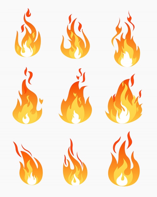 Conjunto de iconos de llamas de fuego sobre fondo blanco. Llama en diferentes formas colección en estilo plano.