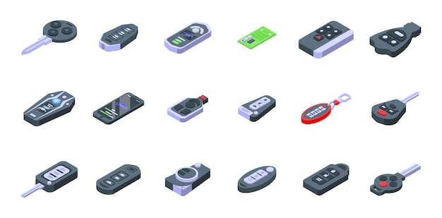 Conjunto de iconos de llave de coche inteligente. Conjunto isométrico de iconos de vector de llave de coche inteligente para diseño web aislado sobre fondo blanco