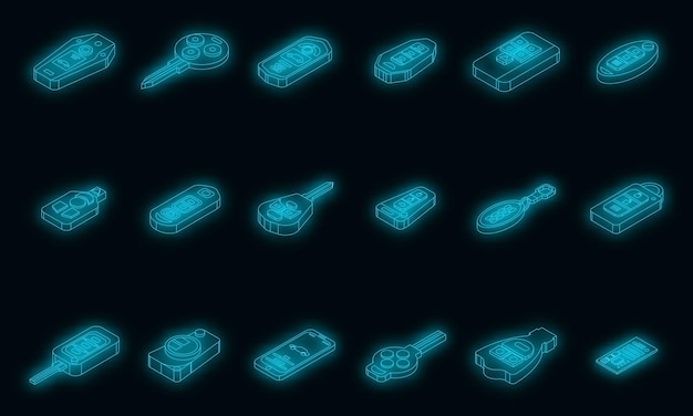 Conjunto de iconos de llave de coche inteligente neón vectorial