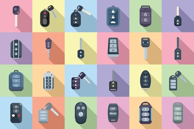 Conjunto de iconos de llave de coche inteligente vector plano Conductor móvil