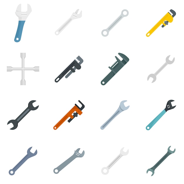 Conjunto de iconos de llave inglesa. Conjunto plano de iconos de vector de llave aislado sobre fondo blanco