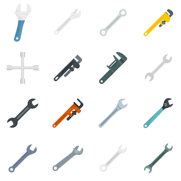 Conjunto de iconos de llave inglesa. conjunto plano de iconos de vector de llave aislado sobre fondo blanco