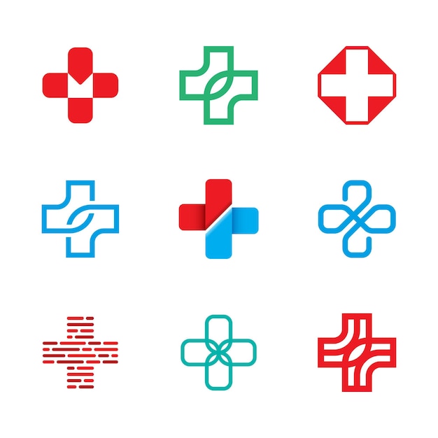 Conjunto de iconos de logotipo de cruz médica y símbolos de logotipo para ambulancias de hospitales, farmacias y atención médica