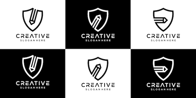 Conjunto de iconos de logotipo de lápiz y escudo creativo plantilla de logotipo de estilo de línea de arte combinado