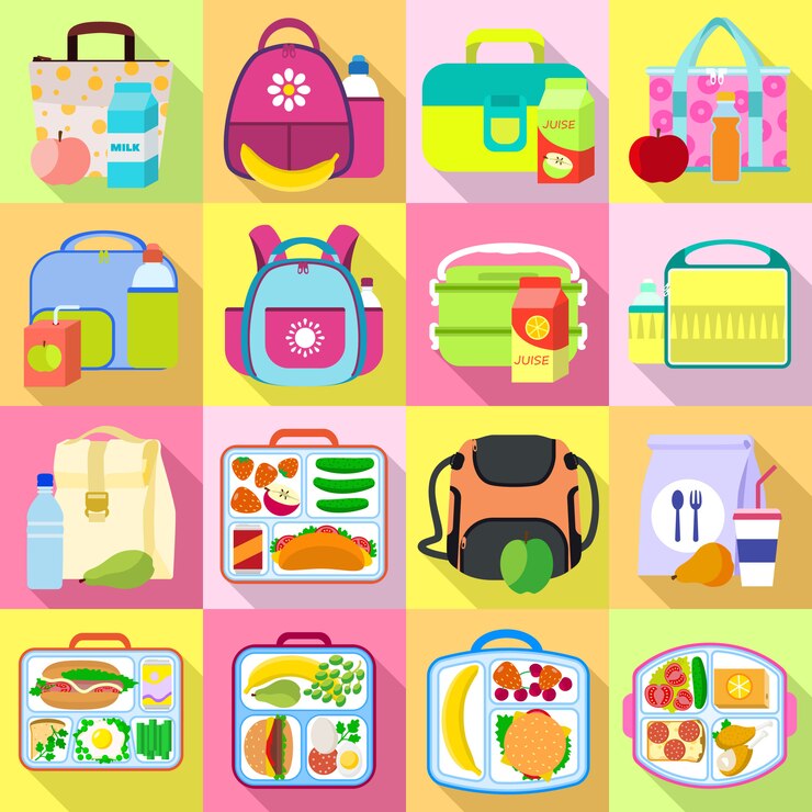 Vector conjunto de iconos de lonchera. conjunto plano de vector de lonchera