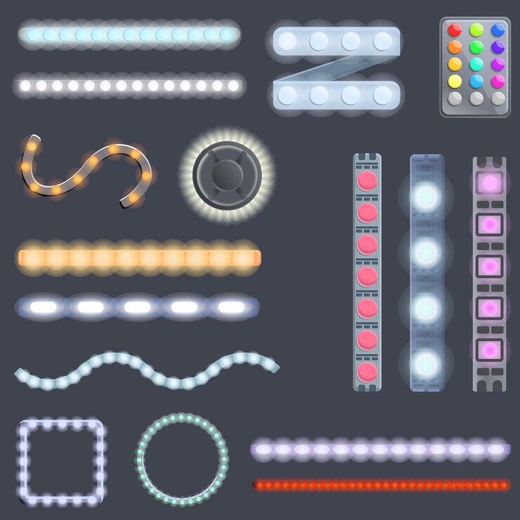 Vector conjunto de iconos de luces de tira de led. conjunto de dibujos animados de iconos de vector de luces de tira de led