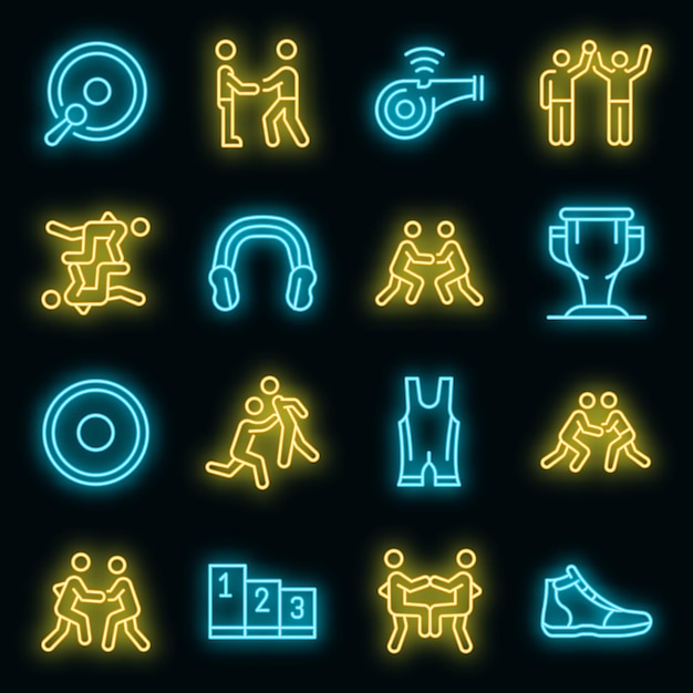 Conjunto de iconos de lucha grecorromana. Esquema conjunto de iconos vectoriales de lucha grecorromana color neón en negro
