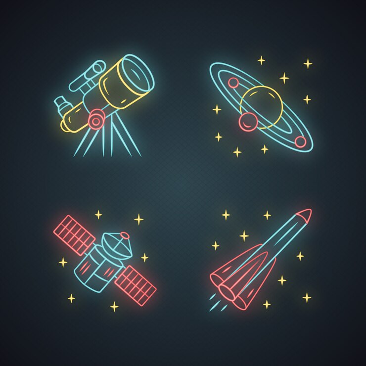 Vector conjunto de iconos de luz de neón de astronomía. exploración espacial. telescopio, sistema solar, satélite artificial, cohete. astrofísica.