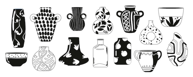 Conjunto de iconos de macetas y jarrones en blanco y negro Vajilla moderna y antigua Diseño minimalista elegante y contemporáneo Arcilla aislada o Cerámica Decoración del hogar u Objetos de museo Ilustración vectorial