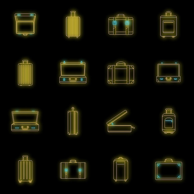 Conjunto de iconos de maletas de equipaje de viaje ilustración general de 16 iconos de maletas de equipaje de viaje iconos vectoriales de maletas de neón en negro