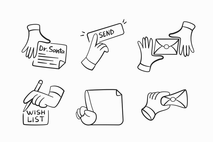 Vector conjunto de iconos de mano de estilo de línea cartas de navidad escribir cartas a papá noel enviar botón