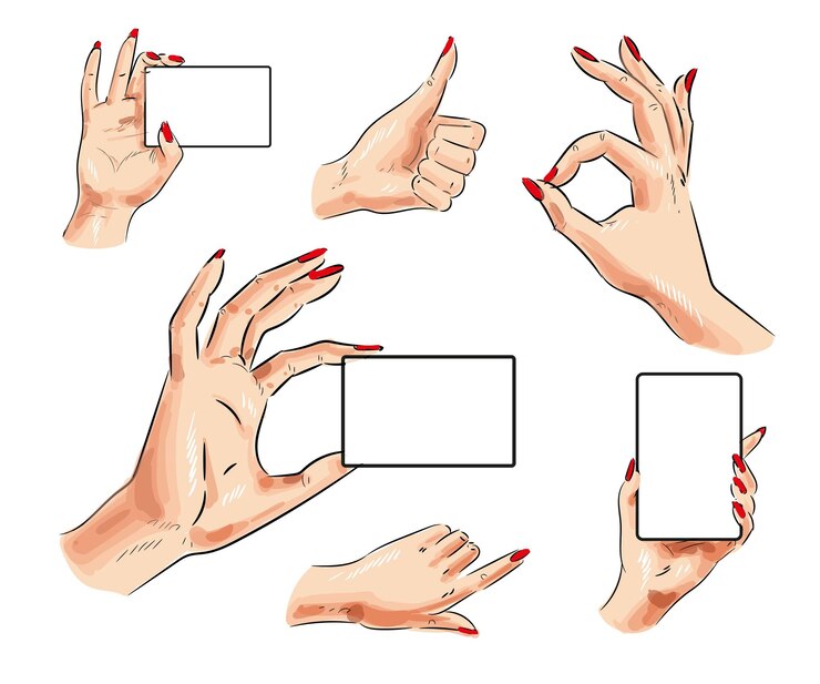 Vector conjunto de iconos de mano humana vectorial mano femenina con tarjeta y pulgar hacia arriba señalando el dedo bien señales de mano aisladas en fondo blanco