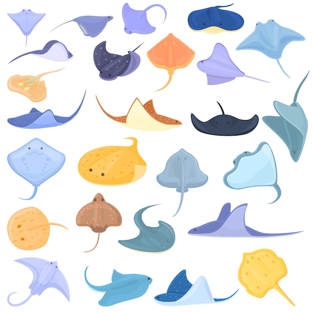 Conjunto de iconos de mantarraya. conjunto de dibujos animados de iconos de mantarraya