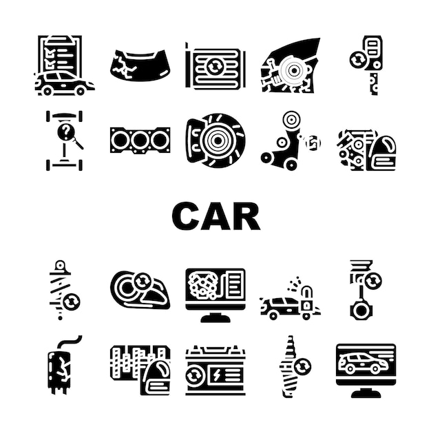 Conjunto de iconos de mantenimiento técnico de servicio de automóvil Trabajador de servicio de automóvil de vector con equipo para reparación y diagnóstico de computadora Análisis digital Cambio de aceite en pictogramas de glifo de caja de cambios Ilustraciones negras