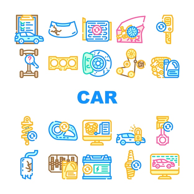 Conjunto de iconos de mantenimiento técnico de servicio de automóvil Trabajador de servicio de automóvil vectorial con equipo para reparación y diagnóstico de computadora Análisis digital Cambio de aceite en caja de cambios e ilustraciones de color de línea de motor