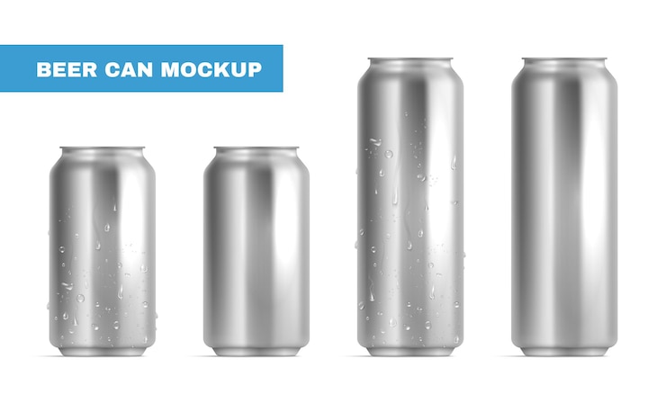 Vector conjunto de iconos de maqueta de latas de cerveza realistas latas de aluminio plateado con gotas de condensación en ellas ilustración vectorial