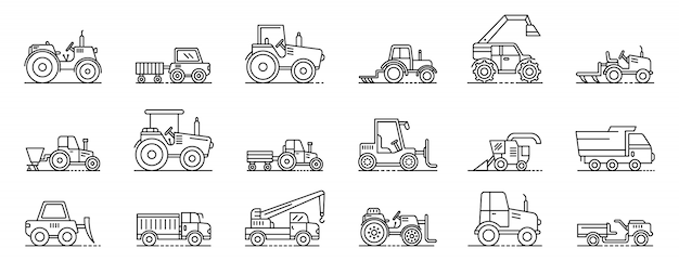 Conjunto de iconos de máquinas agrícolas, estilo de contorno