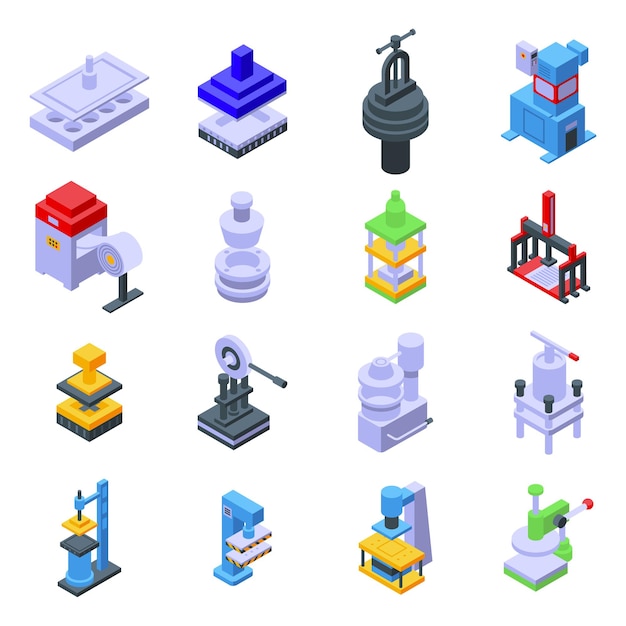Conjunto de iconos de máquinas de formulario de prensa. Conjunto isométrico de iconos de vector de máquinas de formulario de prensa para diseño web aislado sobre fondo blanco