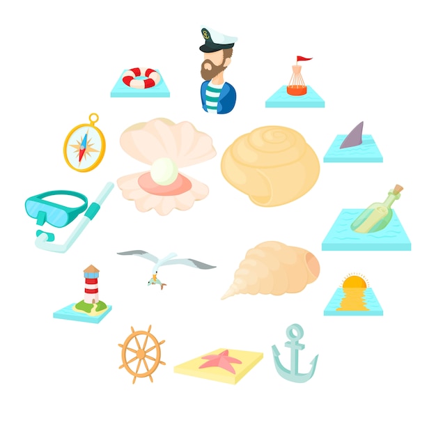 Conjunto de iconos de mar, estilo de dibujos animados