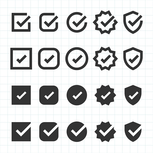 Conjunto de iconos de marca de comprobación en varias formas círculos cuadrados escudos y estrellas Marcas de comprobación negras en un fondo de cuadrícula Icones de marca de verificación para uso de diseño Conjun to de elementos vectoriales