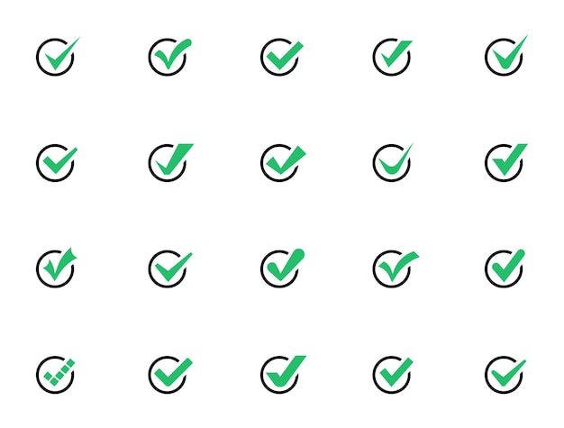 Conjunto de iconos de marca de verificación en un círculo Marcas de verificación o garrapatas Símbolo de confirmación verde
