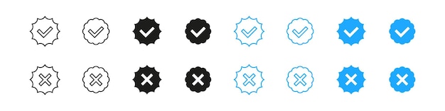Conjunto de iconos de marca de verificación e insignia cruzada Marque el botón verificado para redes sociales Iconos aprobados y desaprobados